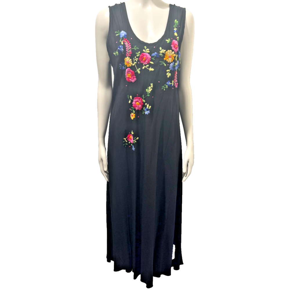 Soft Surroundings Black Sz L Maxi SunDress Embroidered Floral Tie Back Rayon